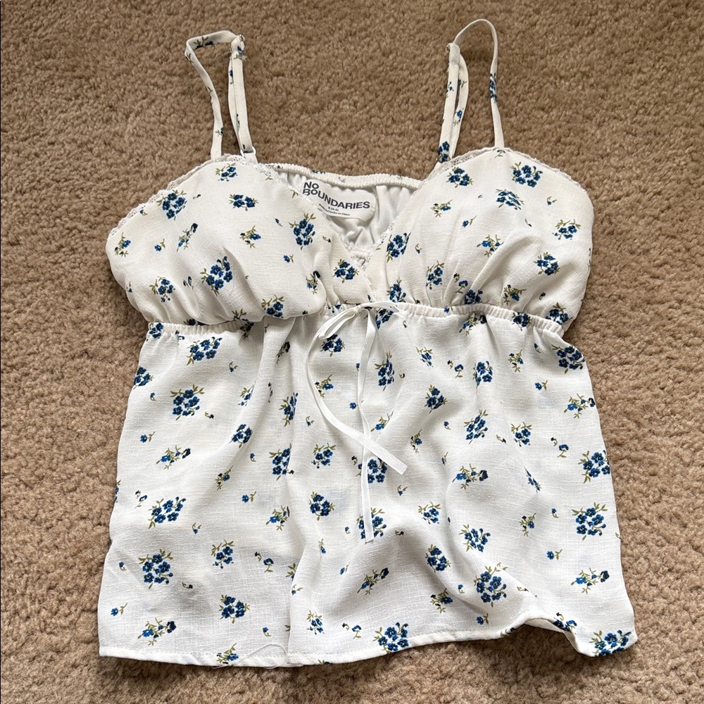 No Boundaries White and Blue Floral Camisole